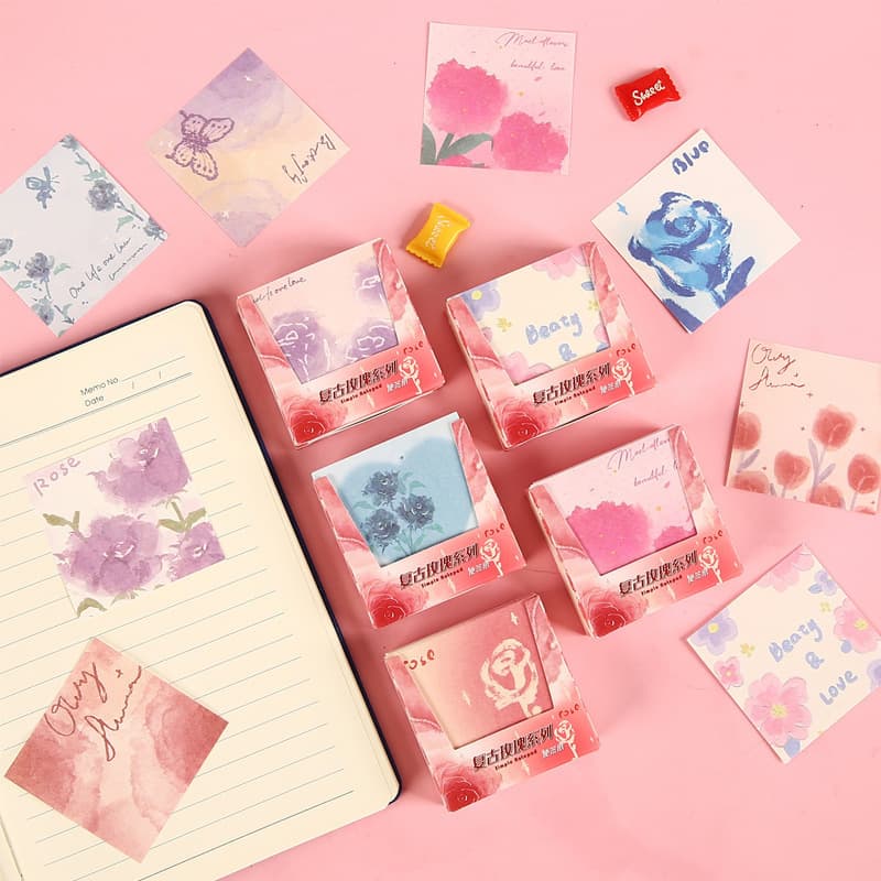 Vintage Rose Sticky Note Box Student Creative DIY Journal Materials Cute Portable Notebook