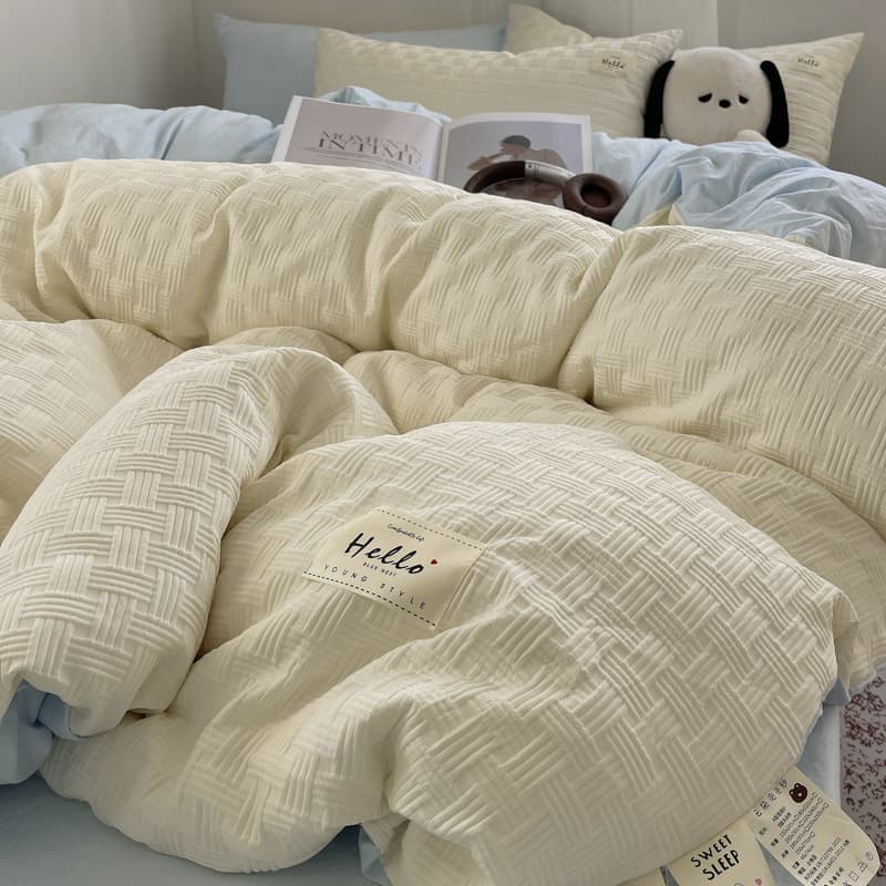 Class A Mother & Baby Undyed Jacquard Double-Layer Yarn Four-Piece Set, Solid Color Cotton Duvet Cover, Naked Sleeping Girl Three-Piece Bed Sheet Set