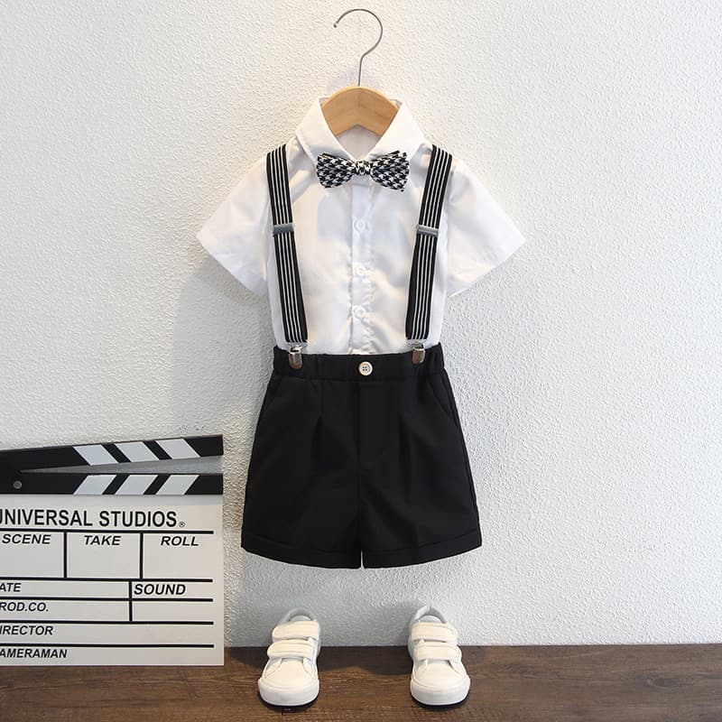 Boys' Summer Tuxedo Suit Set, Flower Boy British Style Host Performance Outfit, Handsome British Suit