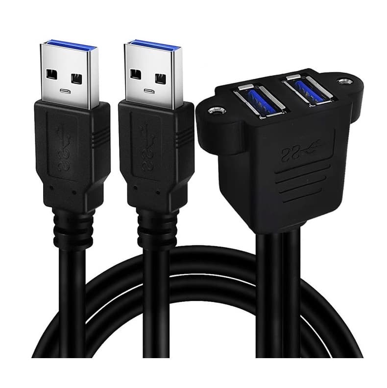 Dual-port conjoined USB3.0 male-to-female data charging extension cable with ear holes and screw holes to fix the extension cable