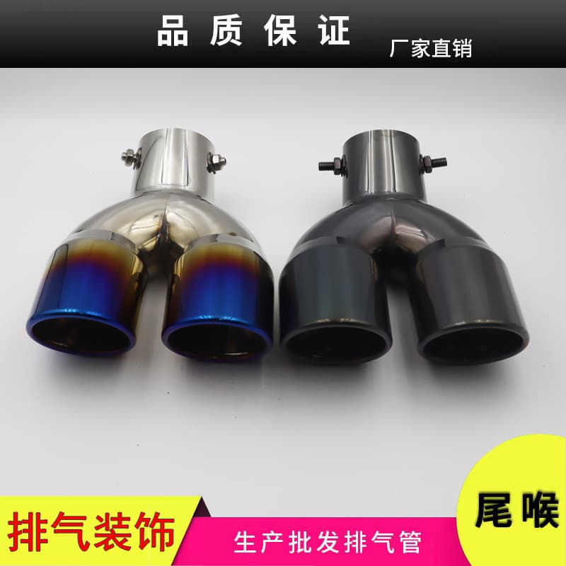 Cross-border quality stainless steel double row tailpipe grilled blue curved one-to-two black titanium one-to-two car modified exhaust pipe