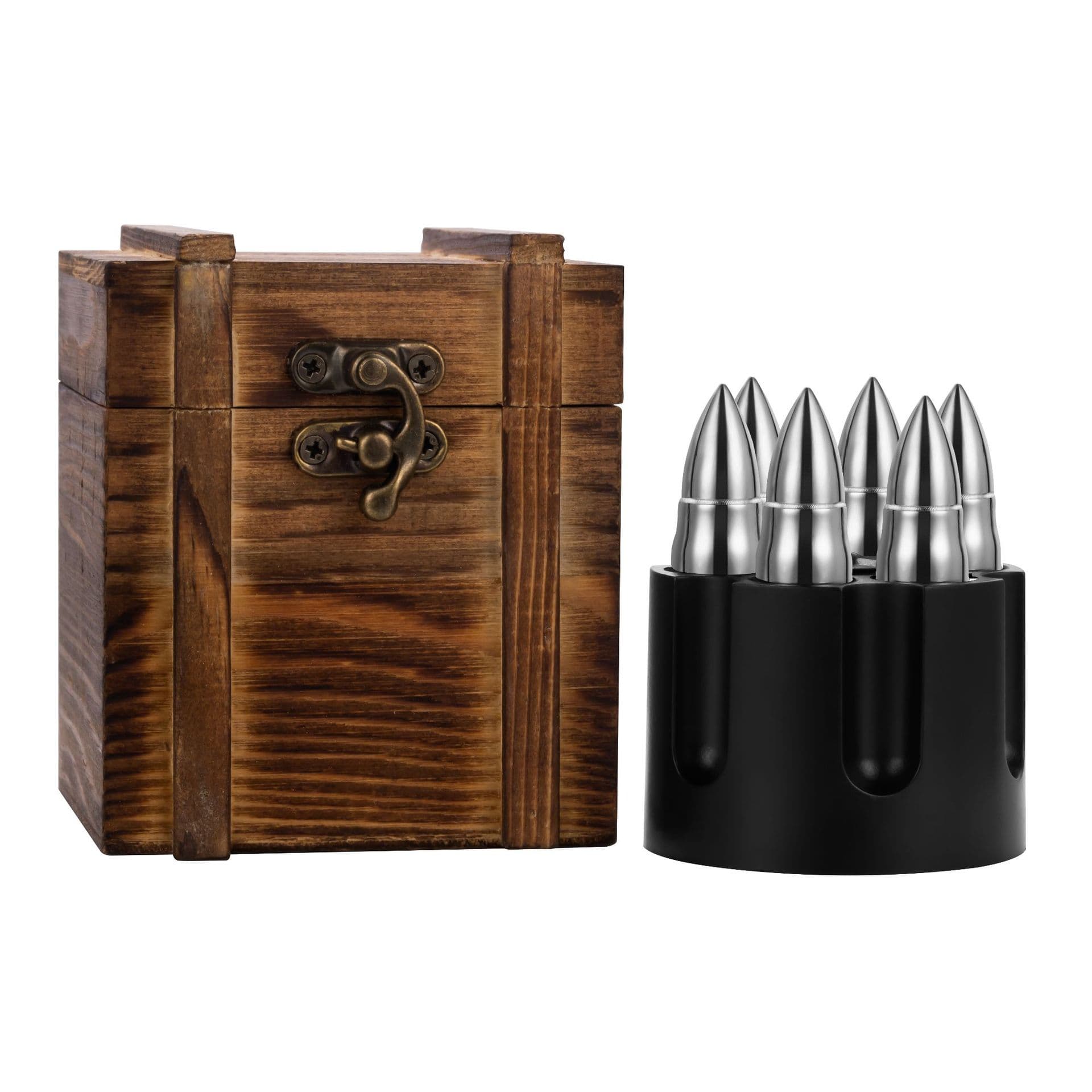 Amazon Whiskey Ice Cubes Set - Wooden Box with Gold/Silver Ice Bullet Whisky Stones