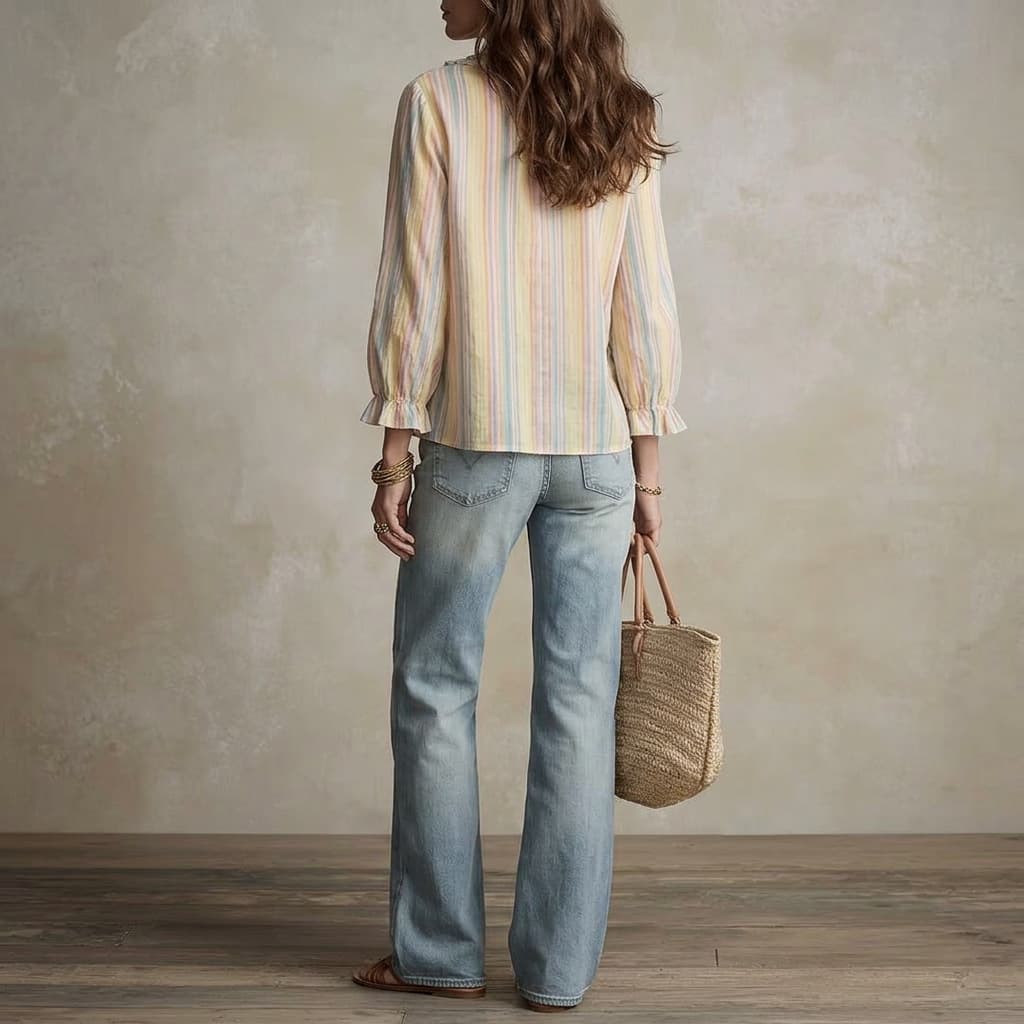 2026 Spring/Fall New European & American Style Striped Print V-Neck Ruffle Loose Shirt Women's Vacation Long Sleeve Top