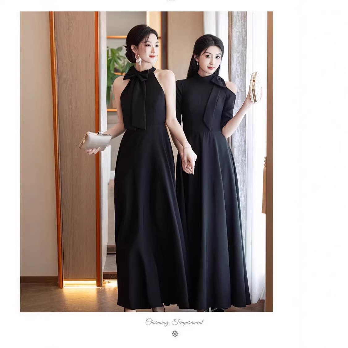 Banquet Slim Evening Dress, Temperament, High-end Photo Little Black Dress, One-Shoulder Halter Neck Sister Dress, Chorus Performance Costume for Women