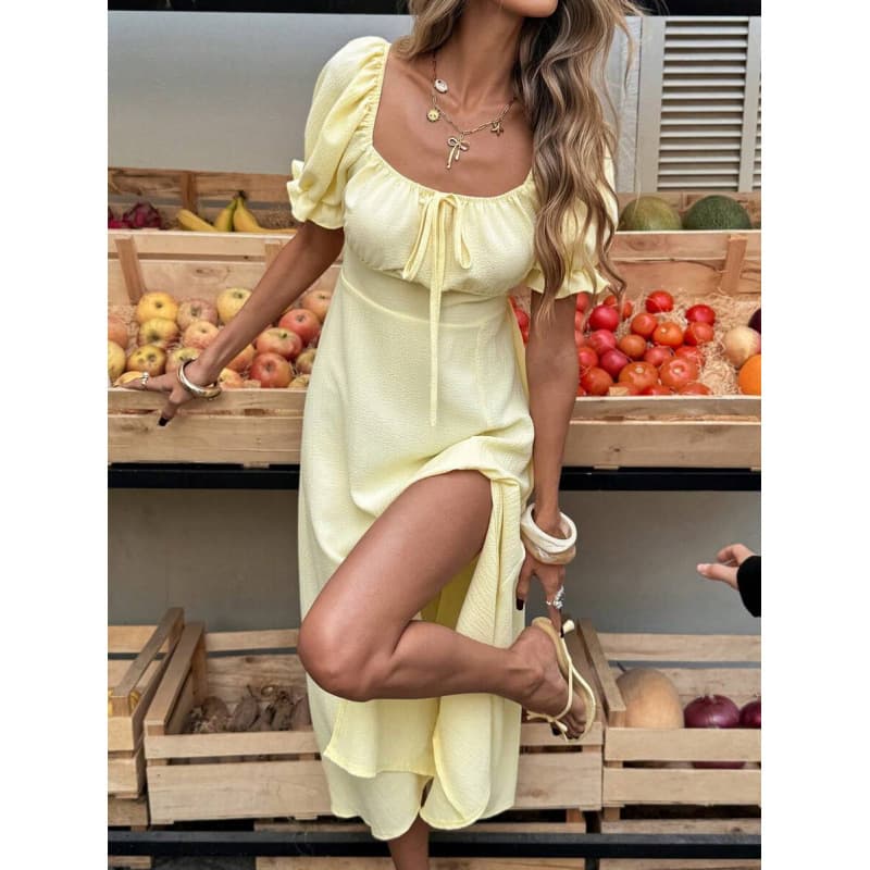 Cross-border Amazon 2026 new summer style elegant resort style square neck pleated puff sleeve waist long dress