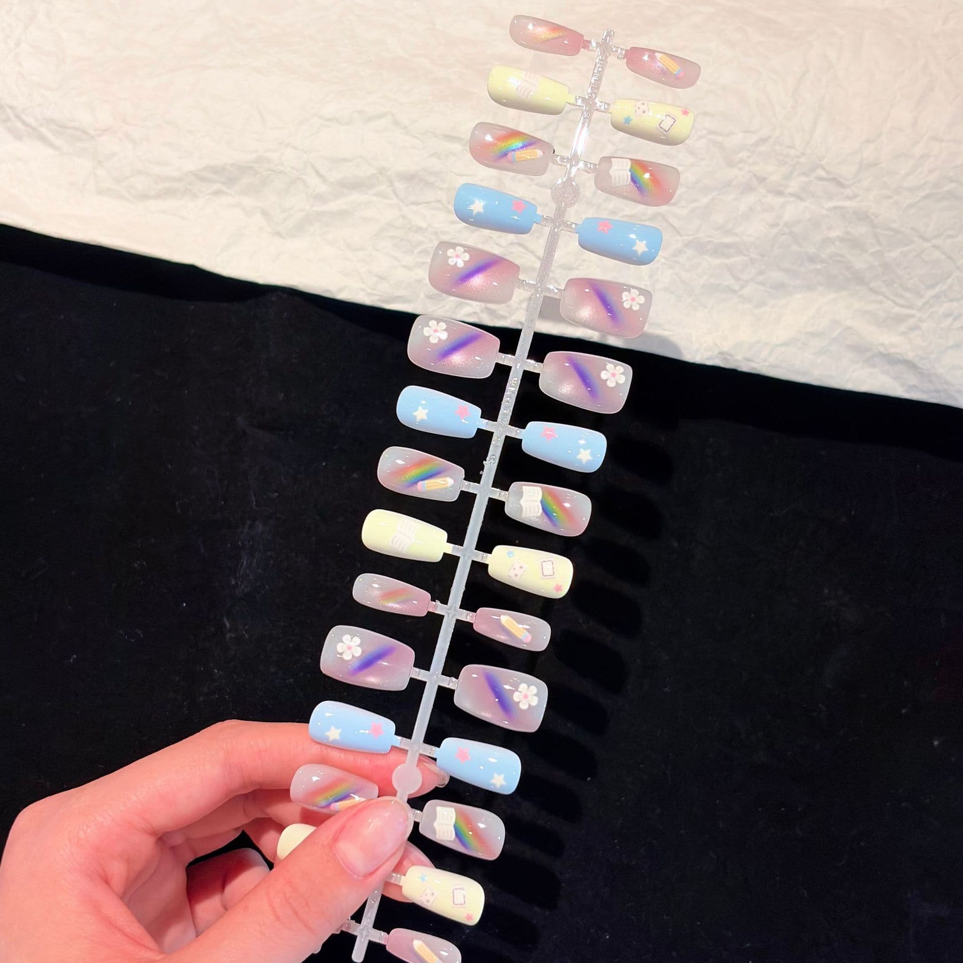 Colored Pencil 30-Piece Handmade Press-On Nails, Pure Handcrafted Glass Bead Cat Eye, New Pre-Made Press-On Nails