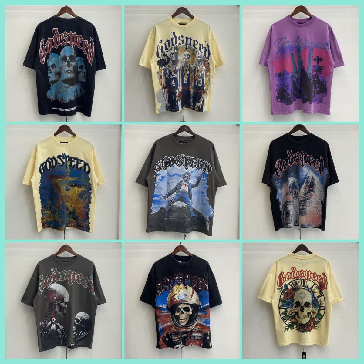 Cross-border Foreign Trade Europe and America Streetwear Skull Rock Band Vintage Washed Casual Loose Short Sleeve T-Shirt for Men and Women Streetwear