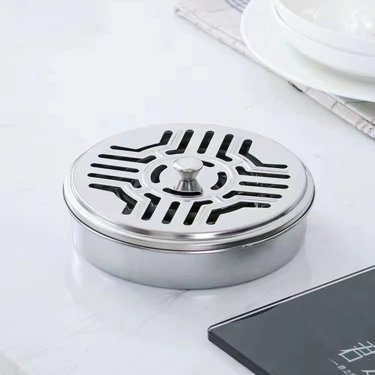 Stainless steel mosquito coil box with lid, outdoor mosquito repellent incense tray, windproof design for household use.