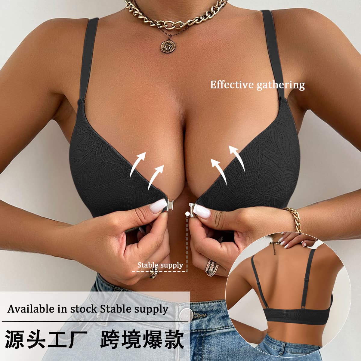 European And American Style Underwear with Front Buckle Design Thin Cup Lace Bra Prevents Sagging Comfortable Full Cup Nylon Fabric