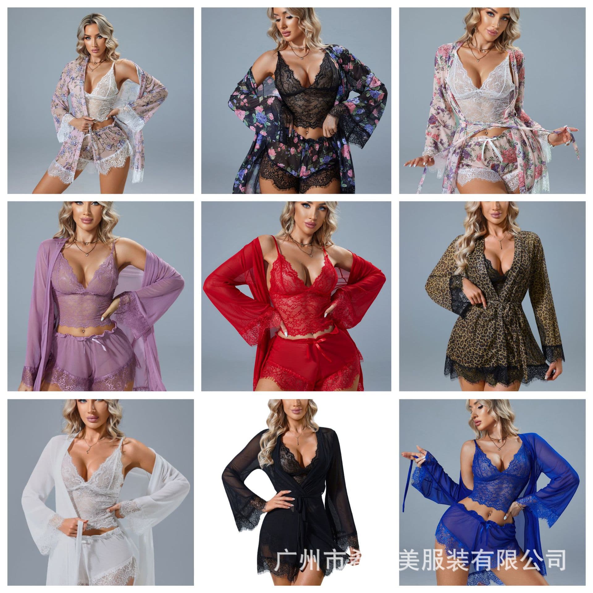Cross-border dark blue shawl sexy lingerie sexy suspenders see-through pajamas three-piece set AliExpress nightgown nightgown