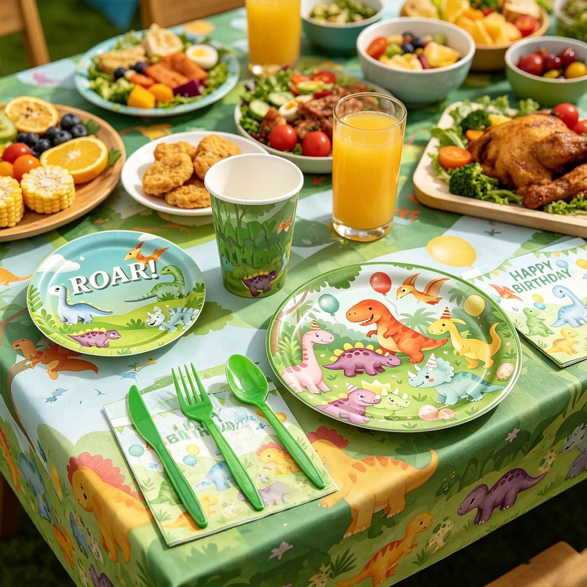 Spot new green little dinosaur disposable tableware set birthday party supplies paper plates paper cups paper towels tablecloths