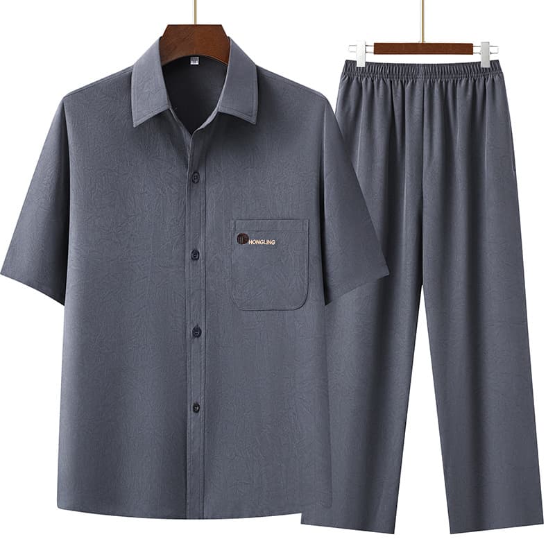 Summer Casual Short Sleeve Shirt Two-Piece Set for Middle-Aged and Elderly Men, Grandpa and Dad Relaxed Fit Turn-Down Collar Shirt Set