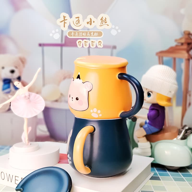 Cute and adorable cartoon-themed ceramic mug with lid and spoon, perfect for home, office, or couple use, including breakfast cups.