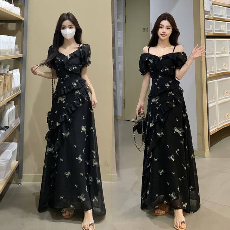 Actual photo~ Plus size women's summer irregular print dress off-shoulder two-way butterfly floral slim long dress