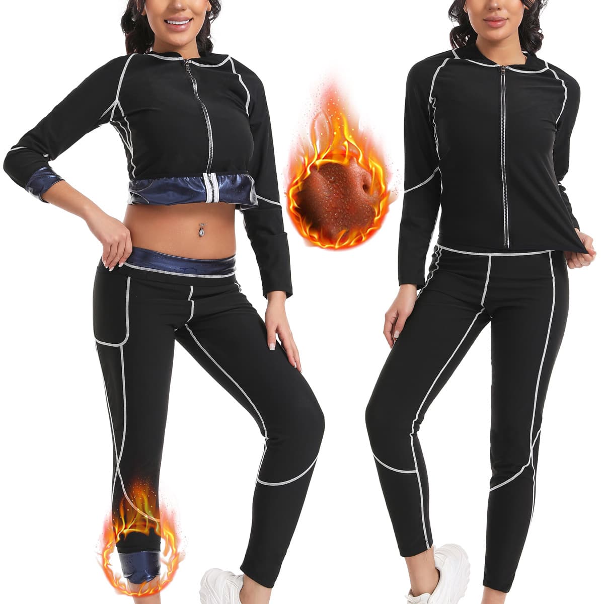 Women's Long Sleeve Zipper Fitness Sweat Suit for Yoga Sauna Body Shaping