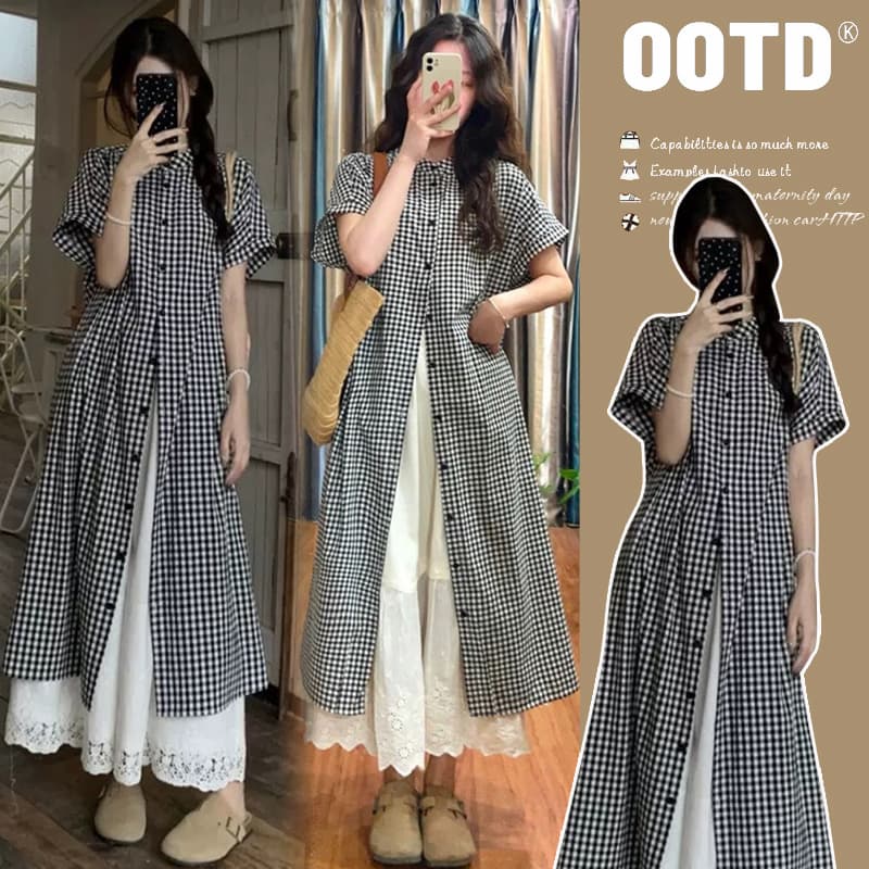 In Stock New Summer Plaid Shirt Maternity Dress Loose Skirt Layered Maternity Two-Piece Set