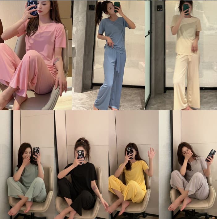 Ice Silk Three-Piece Set for Women's Home Style, Loose and Comfortable Pajamas, Drawstring Design, Skin-Friendly Fabric, Simple Three-Dimensional Suit