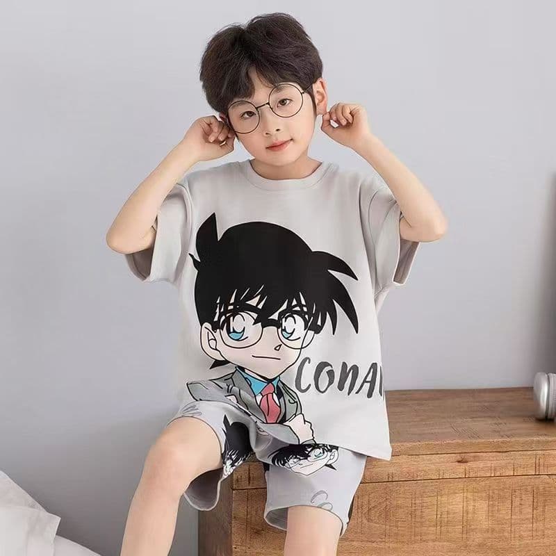 New Summer Cartoon Style Boys' Loose Pajama Short Sleeve Top and Shorts Set, Toddler and Kids' Home Wear, Suitable for Outdoor Wear