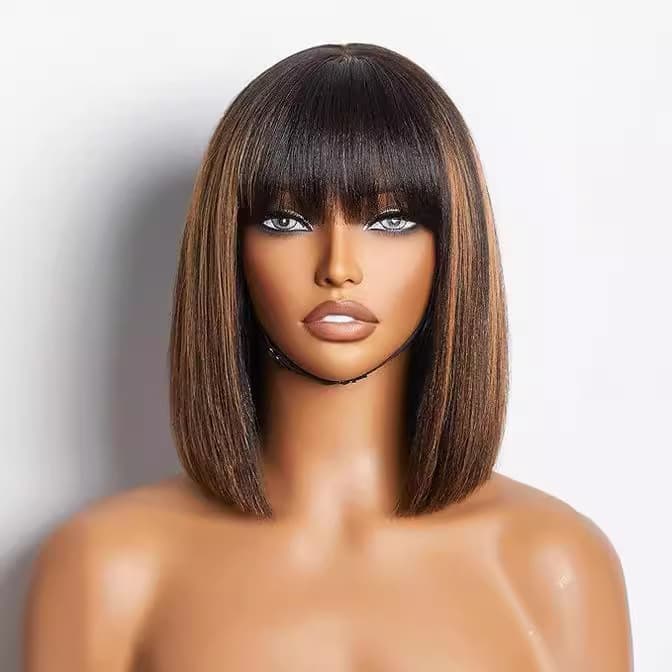 Wig European and American Cross-border Synthetic Fiber Wig Women's High Temperature Silk Straight Bangs Chestnut Brown Bob Headgear Factory Wholesale