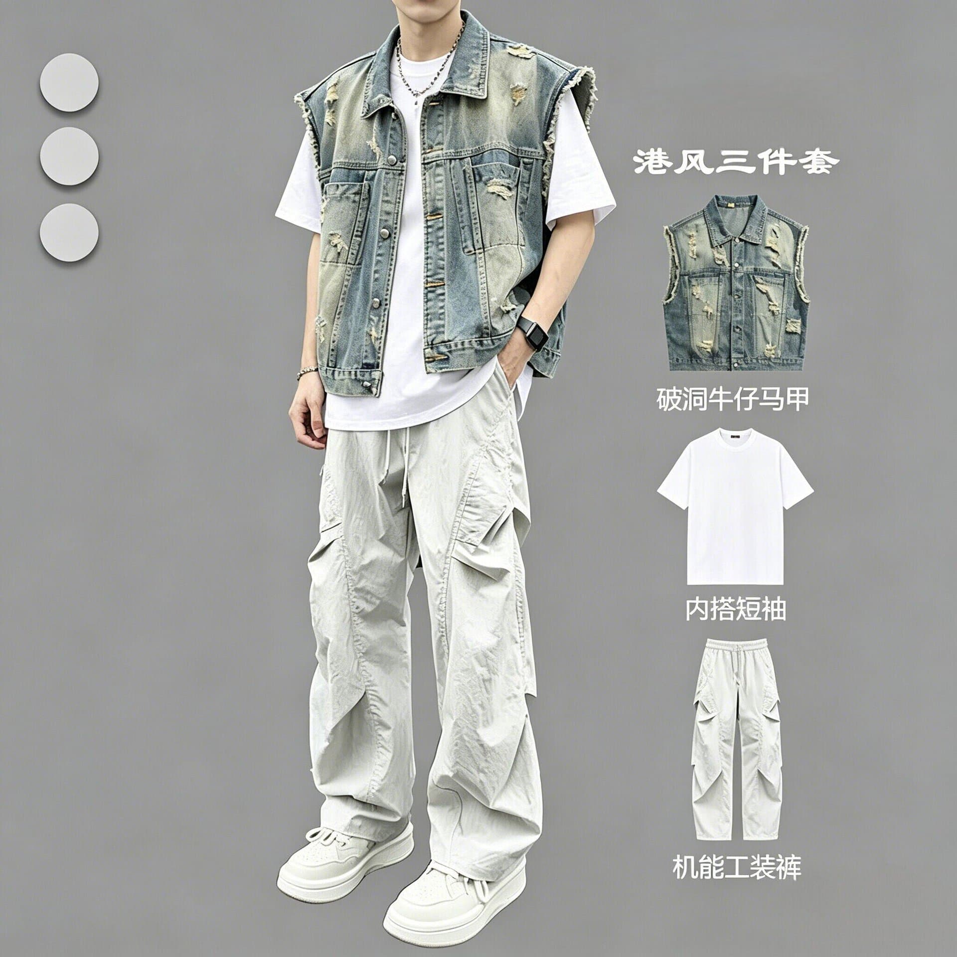 Distressed Denim Summer Techwear Vest Men's Set Trendy Youth 3-Piece High Street Outfit Vest Jacket