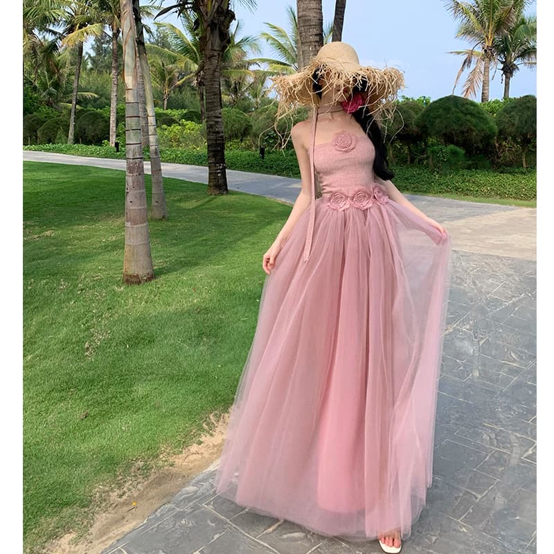 Women's Pink Mesh Bridesmaid Dress Graduation Gown Birthday Party Dress Evening Gown Banquet Dress