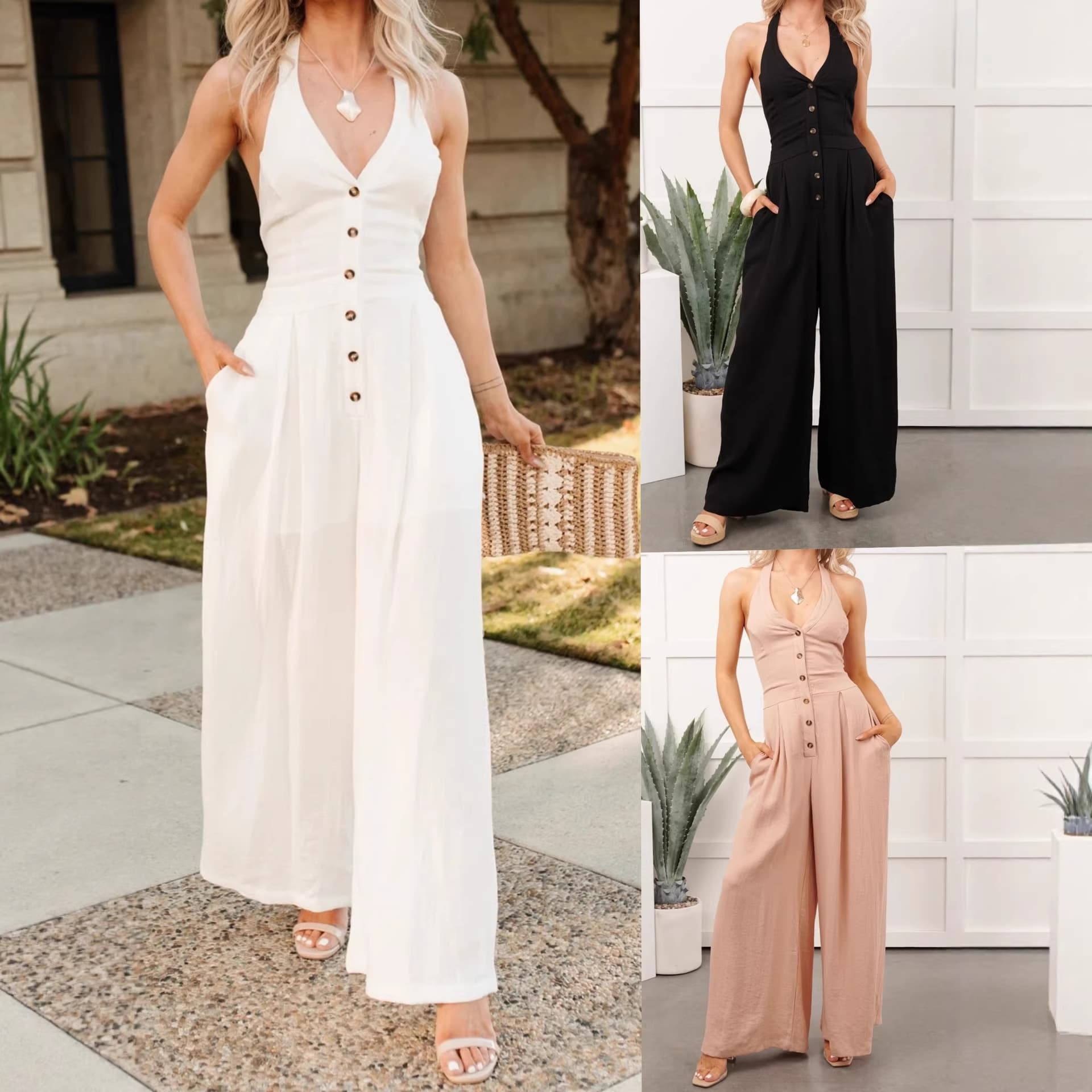 European and American cross-border women's summer new jumpsuit AliExpress Amazon fashion button halterneck backless jumpsuit