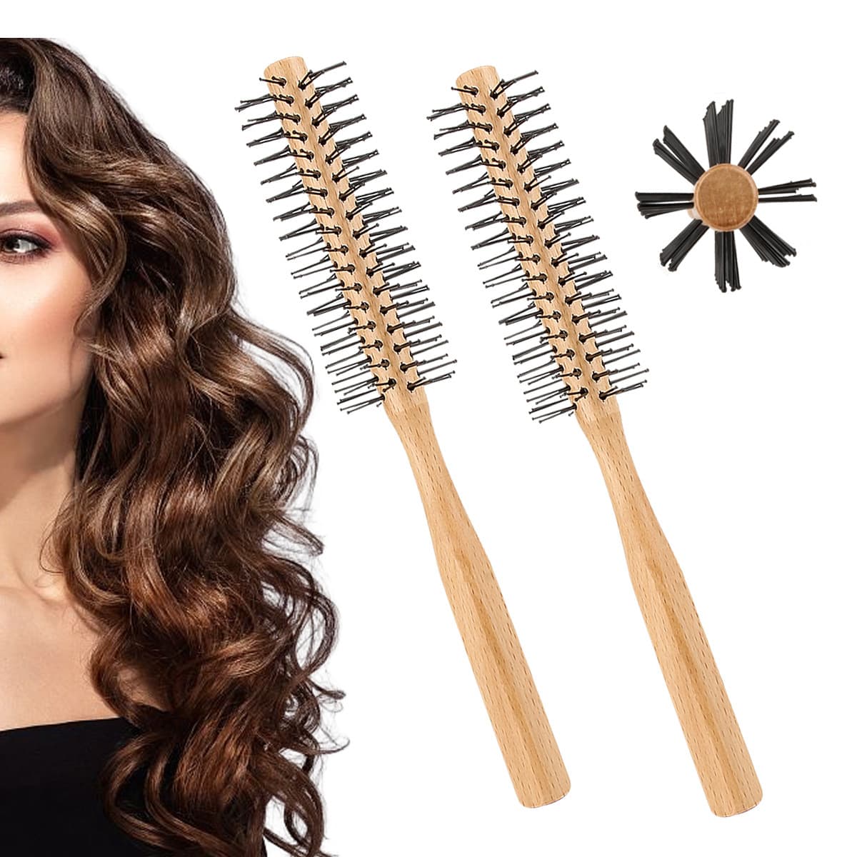 Small Roller Comb Fine Curling Hair Brush Straight Curl Styling Brush Pear Wood Head Massage Comb Round Brush