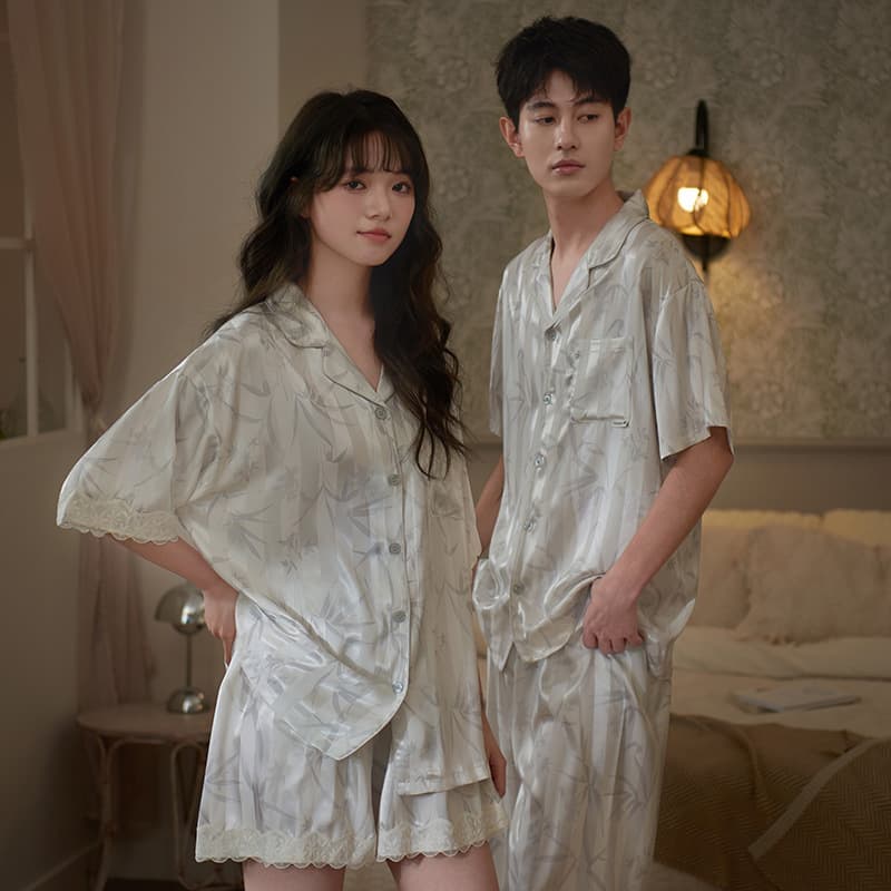 New summer couple pajamas for women, cool-feeling ice silk short-sleeved men's light luxury silk Chinese style home wear