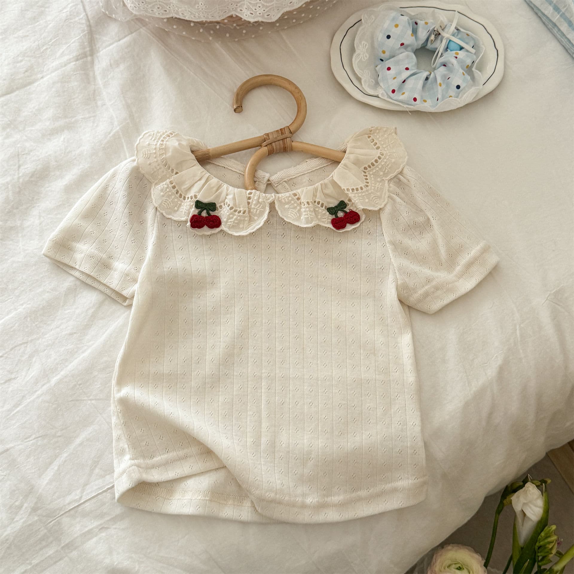 Girls' sweet style cherry embroidered lapel short-sleeved T-shirt Korea 2026 new summer versatile trendy tops