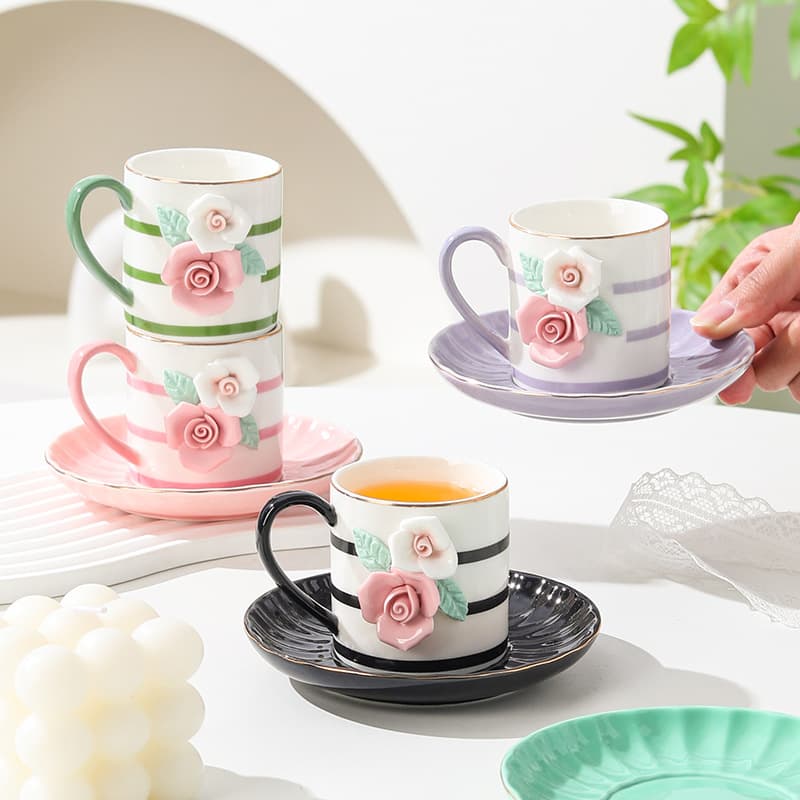 Ceramic Hand-Pinched Flower Coffee Cup & Saucer Set, Ceramic Floral Cup & Saucer, Export Ceramic Mini Espresso Cup Set Ins