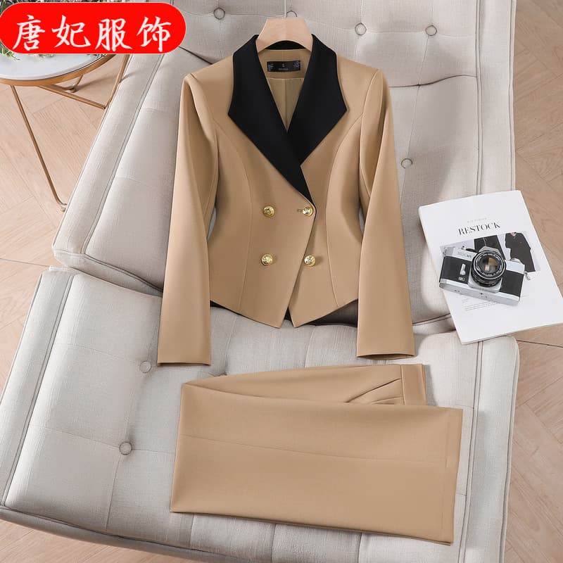 Contrast color double-breasted blazer, women's pants, two-piece suit, spring and autumn cross-border foreign trade business attire, women's suit