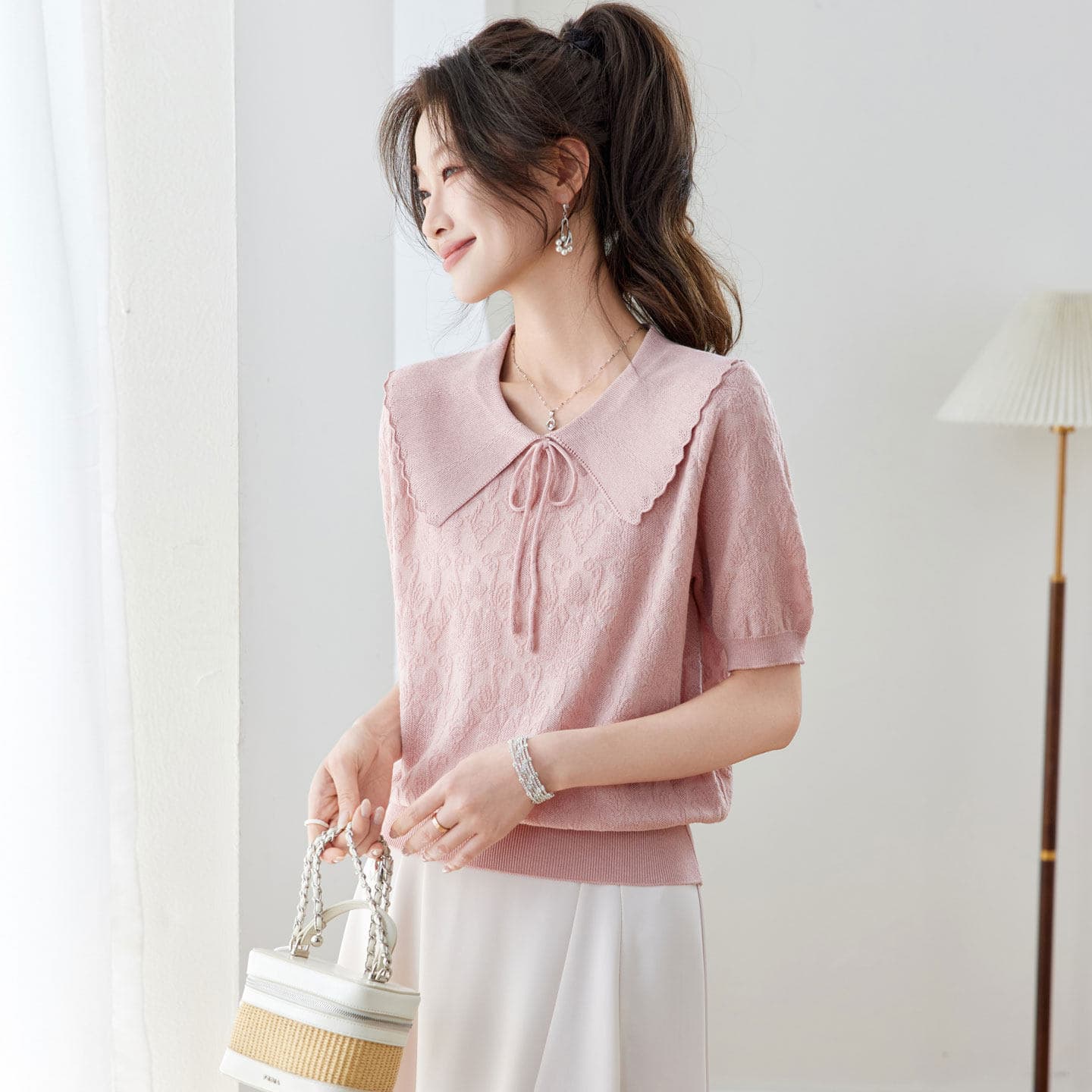 French Doll Collar Ice Silk Short Sleeve Knit Top Women 2026 Summer New Thin Fashionable Age-Reducing Regular Shoulder T-Shirt