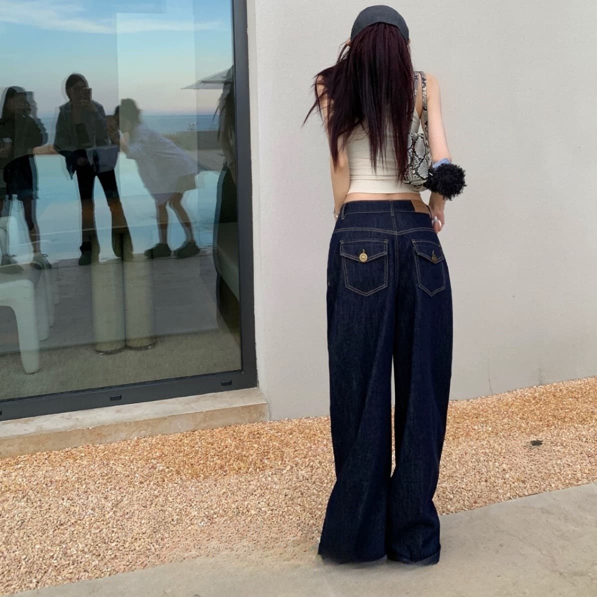 2024 Autumn and Winter New American Style Loose Drape Floor-Mopping Pants Dark Blue High Waist Slim Wide Leg Jeans for Women