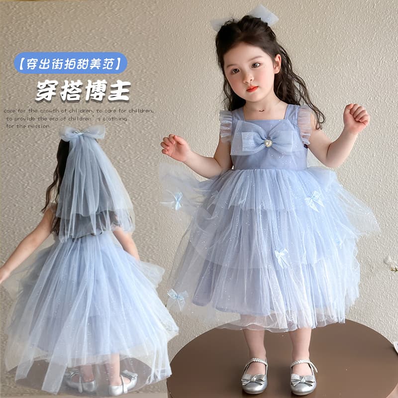 Girls Dress 2026 Summer Children's Gown Tulle Tutu Skirt Princess Dress Spaghetti Strap Dress Elsa Princess Dress