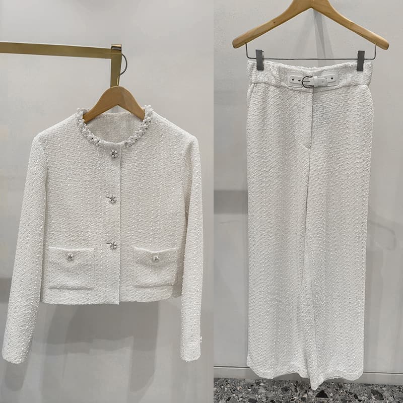 French Single Small Niche 2026 Early Spring Chanel-Style Studded Pearl Tweed Round Neck Jacket Wide-Leg Long Pants Set 26063