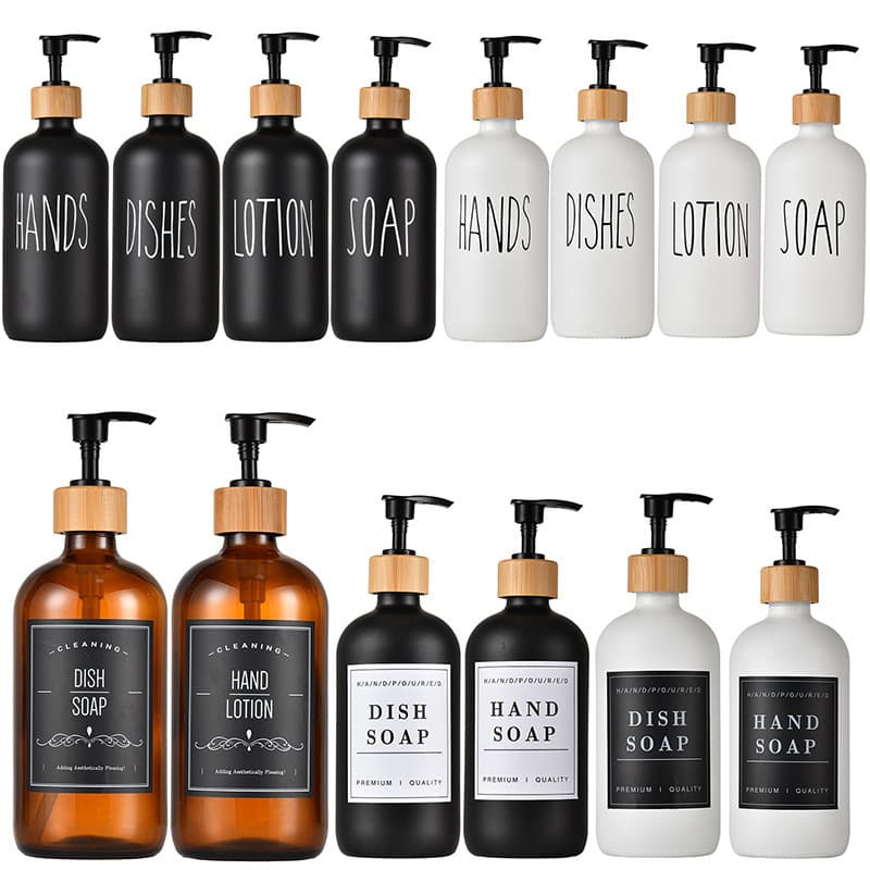 Amazon Glass New Boston 500ml Hand Sanitizer Pump Black and White Matte Dispensing Bottle Wooden Cap Soap Dispenser
