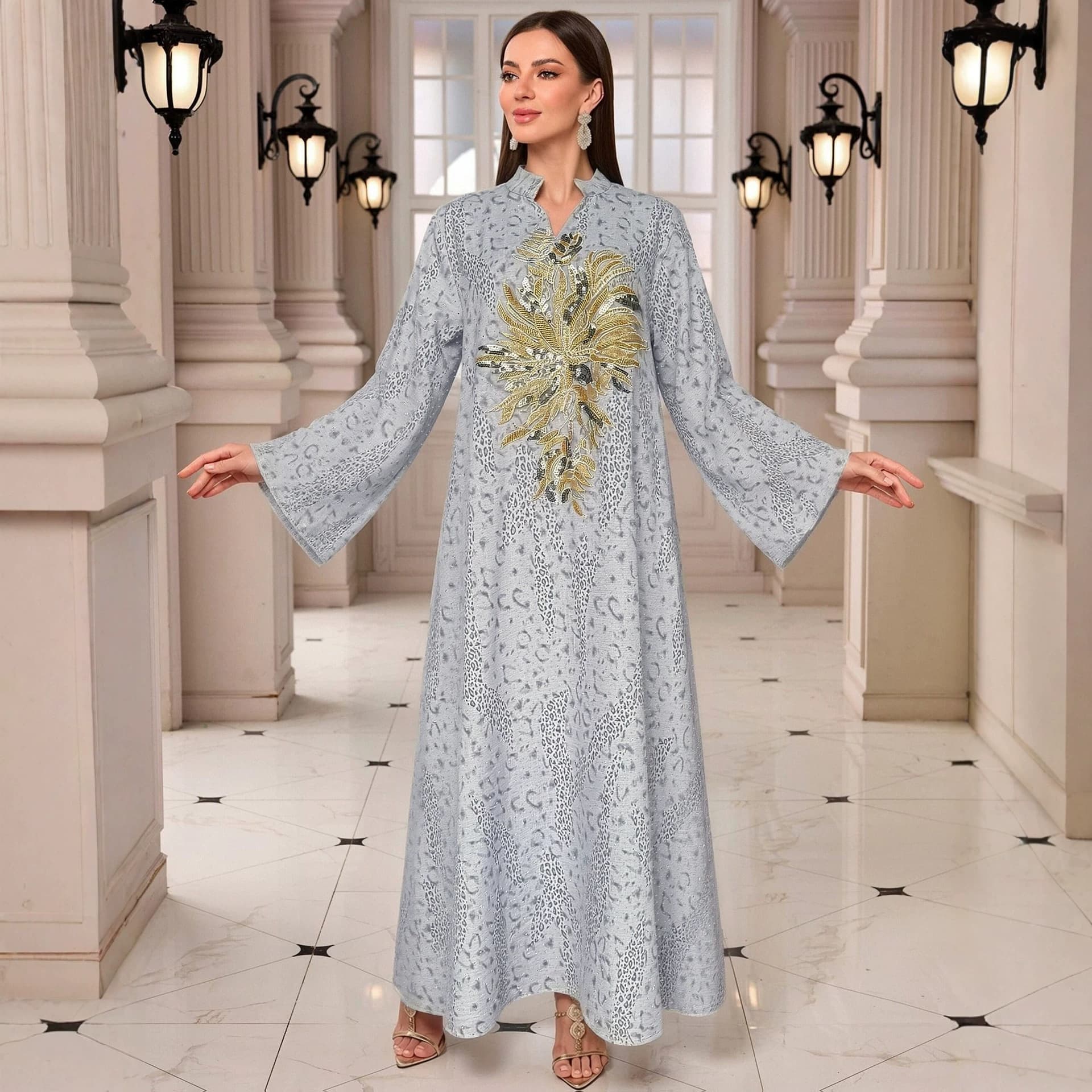 In-Stock Heavy Embroidery Rhinestone Long Dress, Fashion Luxury Elegant Dress Cross-Border Women's Long Dress
