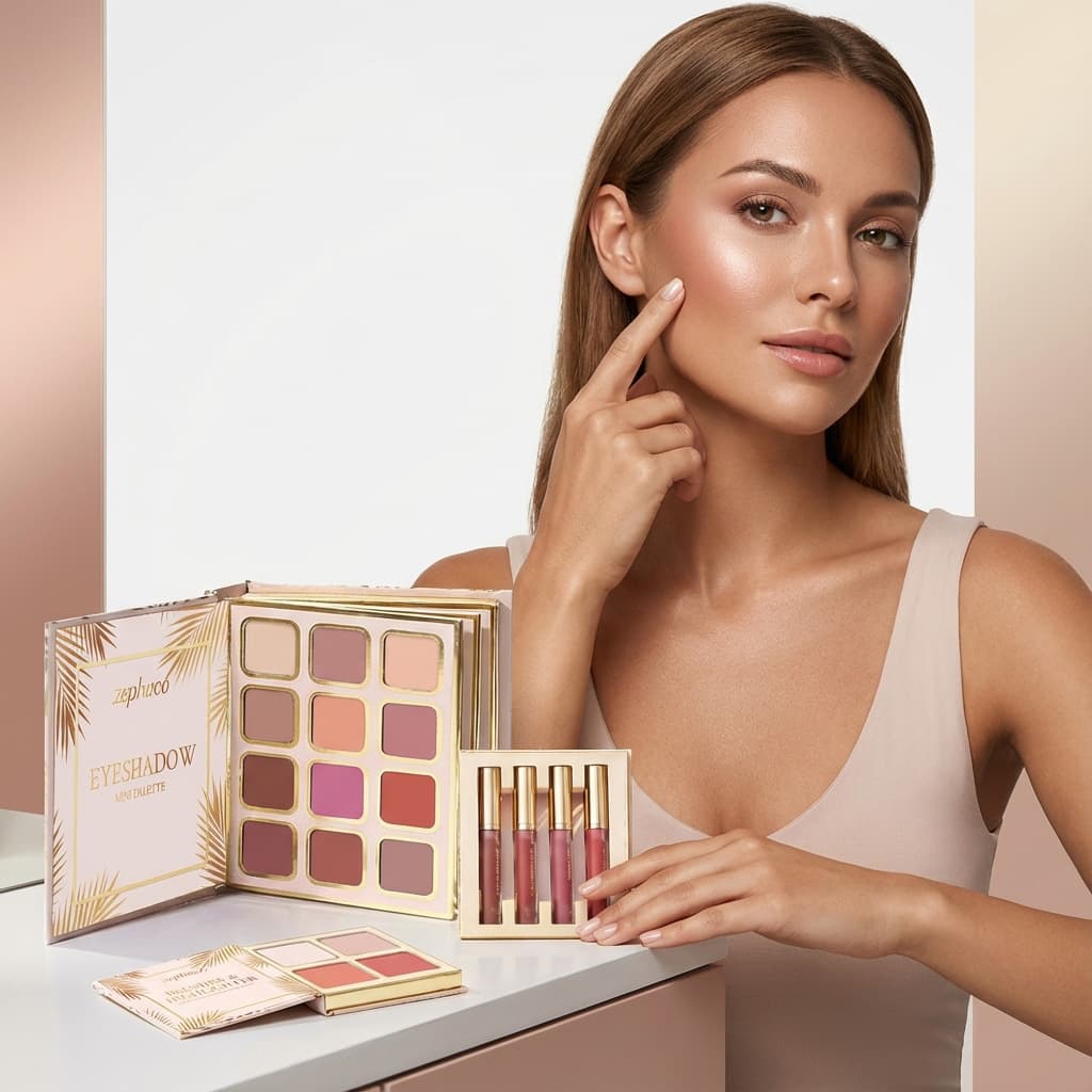 Zephoco Tropical Gold Makeup Set - Eyeshadow, Blush, Lipstick All-in-One Foldable Palette