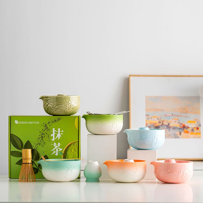 [Cross-Border Exclusive] Ocean Wave Gradient Matcha Series, Five-Piece Matcha Bowl Set with Bamboo Chasen and Stand