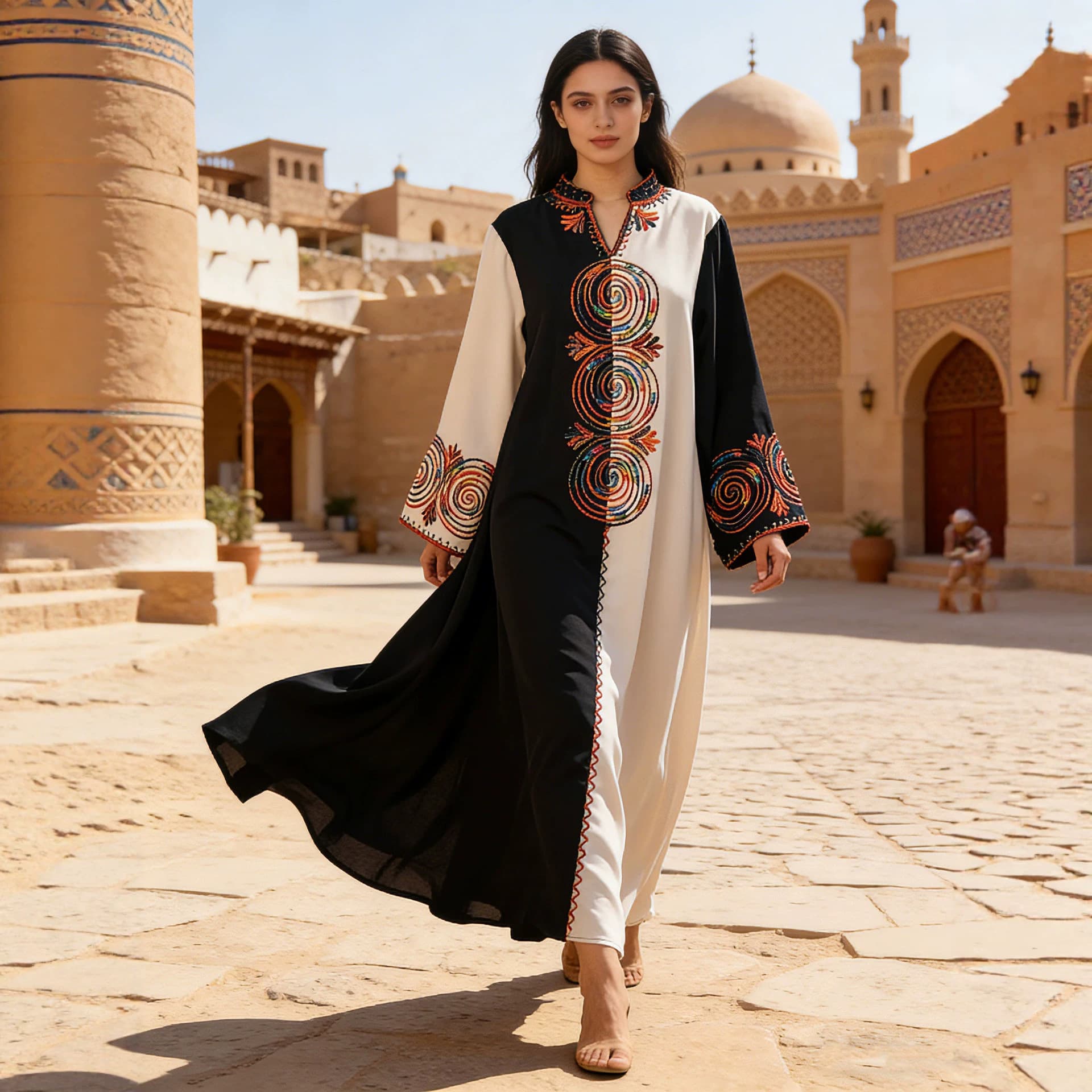 Cross-border e-commerce Amazon women's robe contrasting color burqa embroidery rope embroidery fashion elegant dress robe factory ready stock