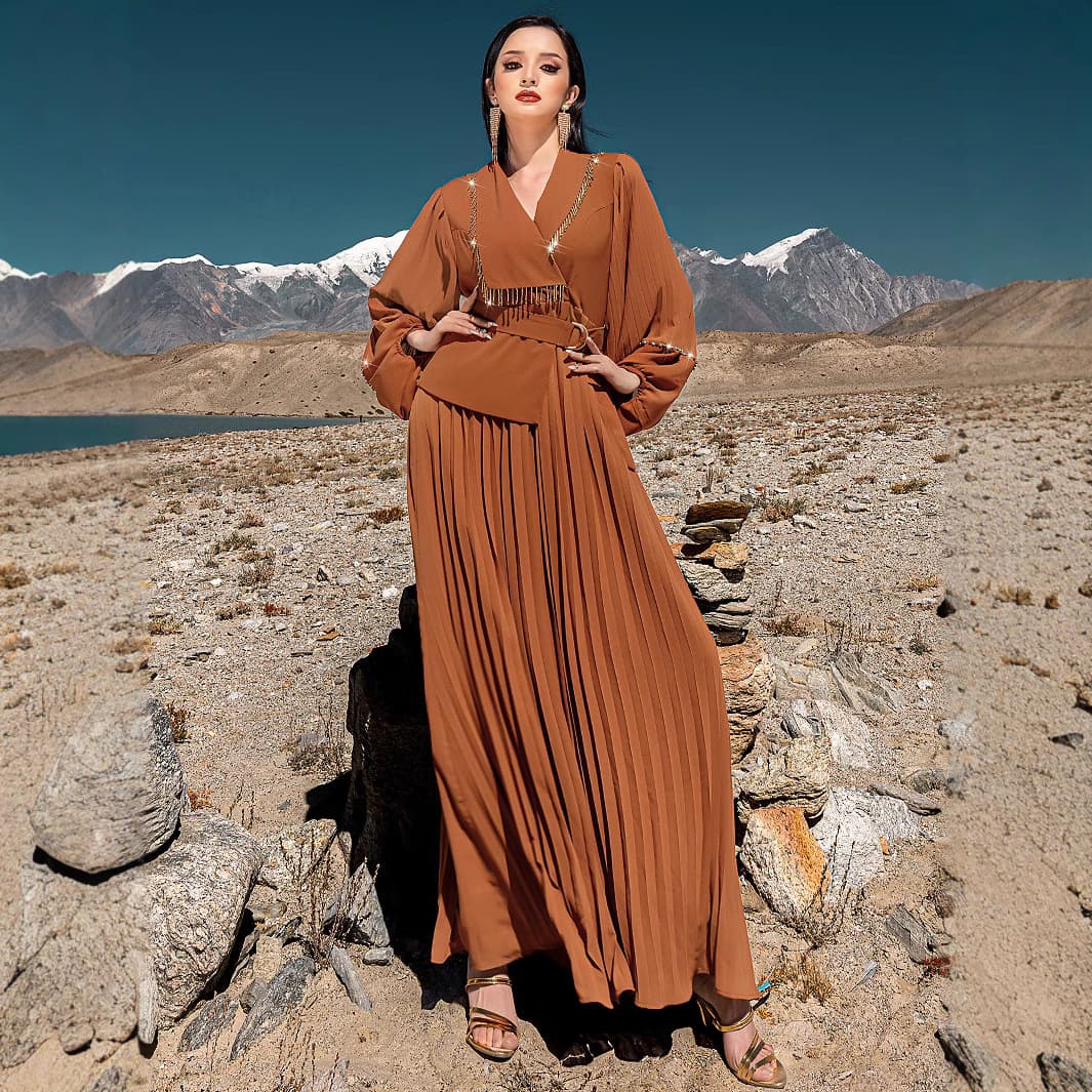 BA5215 New V-Neck Long Sleeve Pleated Dress Heavy Hand-Beaded Elegant Long Dress Women's Gown