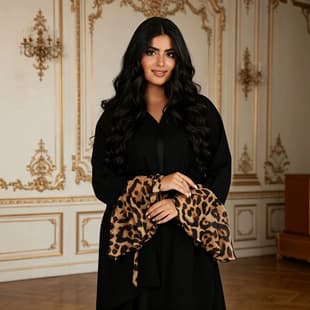 Nida Modest High Fashion Leopard Print Ruffle Trim Dress Cardigan + Headscarf Two-Piece Set