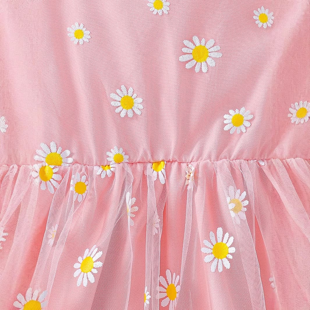 2026 New Summer Girls Dress for Cross-Border Trade, Fashionable Sleeveless Mesh Daisy Print Dress for Kids