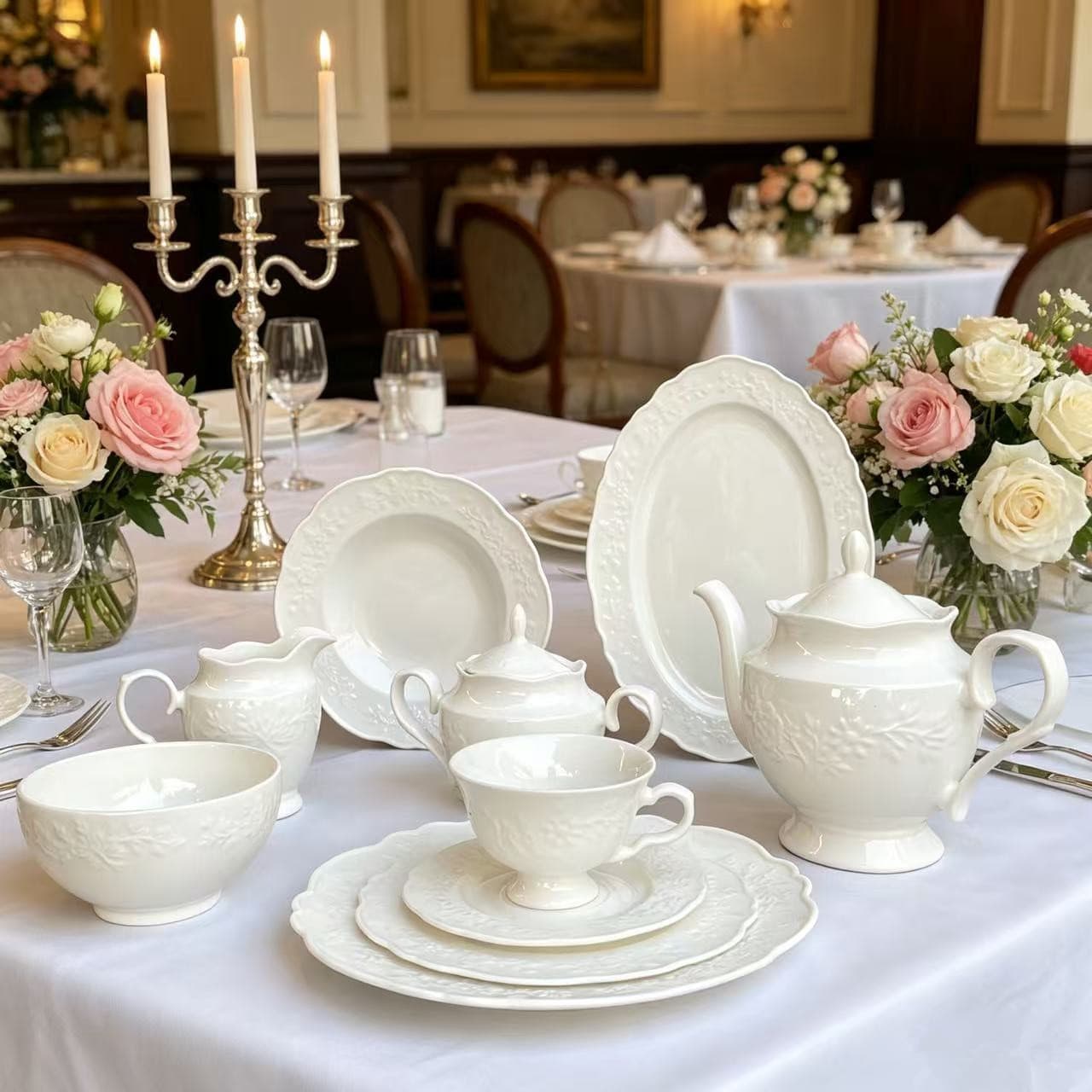Cross-border French Embossed Home Ceramic Plate Dinnerware Set Coffee Cup Saucer Oval Soup Plate Lace Flat Plate