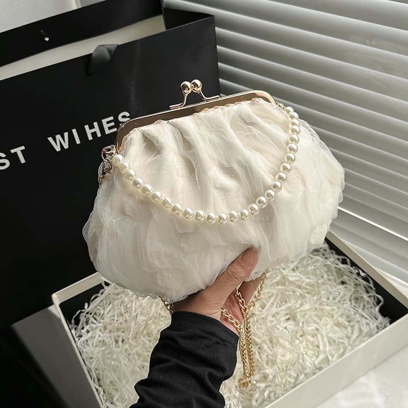 2023 New Retro Fairy Solid Color Small Bag White Handheld Pearl Bag Women's Mesh Ins Simple Crossbody Bag