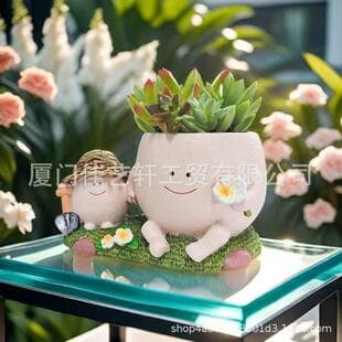 Cross-border Parent-Child Straw Hat Succulent Pot Office Study Decoration Guitar Creative Cute Green Plant Ornament