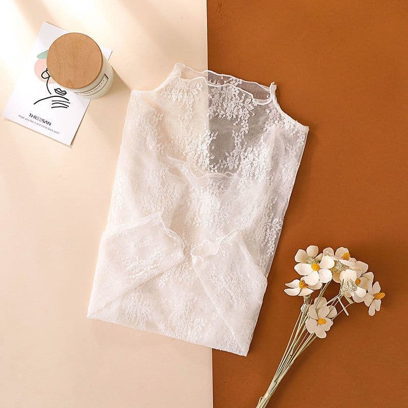 Women's hollowed-out lace base layer top, 2024 spring and autumn new style, thin, semi-high neck, inner layer mesh high-end top.