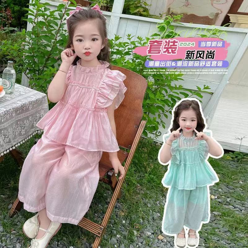 2024 set of girls summer clothes new children's fungus short-sleeved Korean style baby girl summer wide-leg pants two-piece set