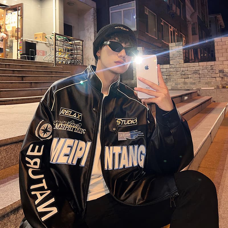 European and American Hip Hop Leather Jacket for Men, Spring and Autumn, American Street Motorcycle Baseball Jacket, Trendy Brand, Cool Pilot Bomber Jacket