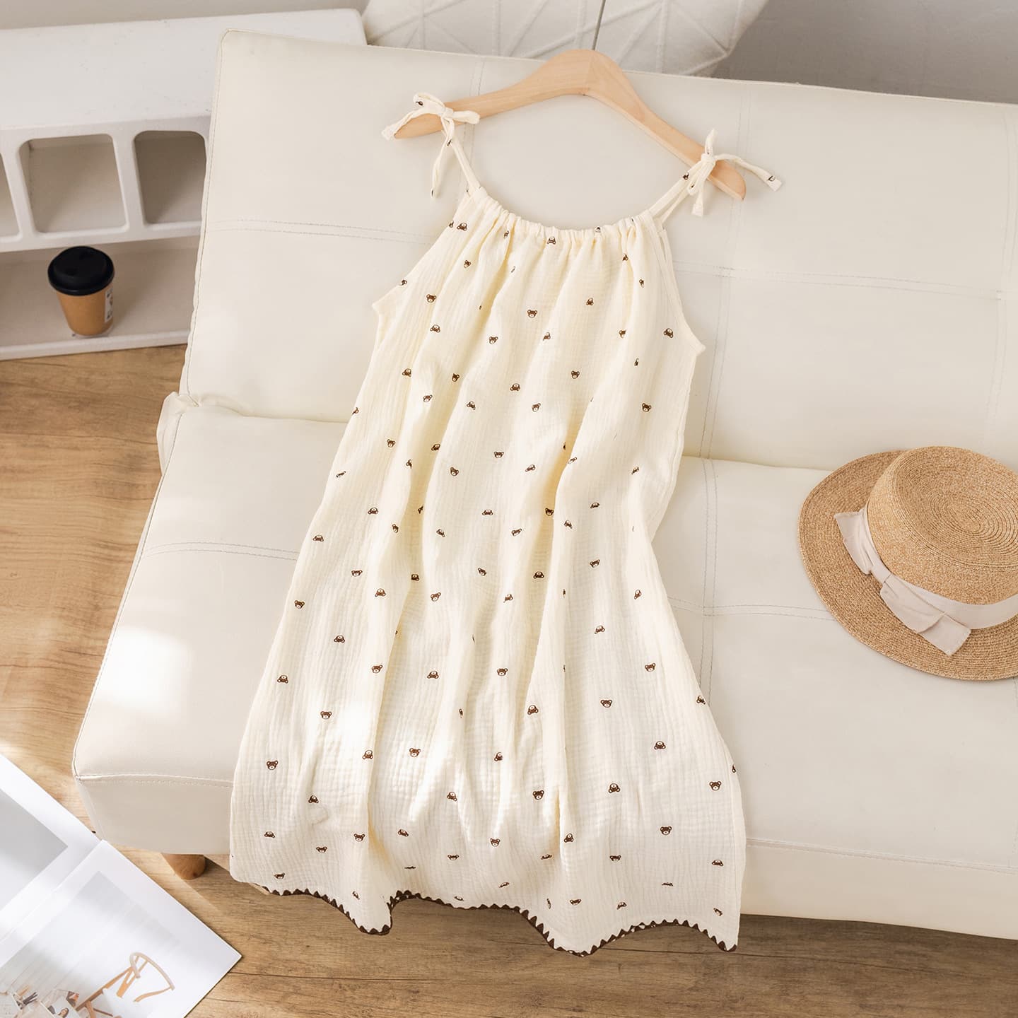 Cotton Nightgown Double Layer Crepe Gauze Camisole Dress Loose Cartoon Mid-Length Casual Bear Print Teen Girls Dress